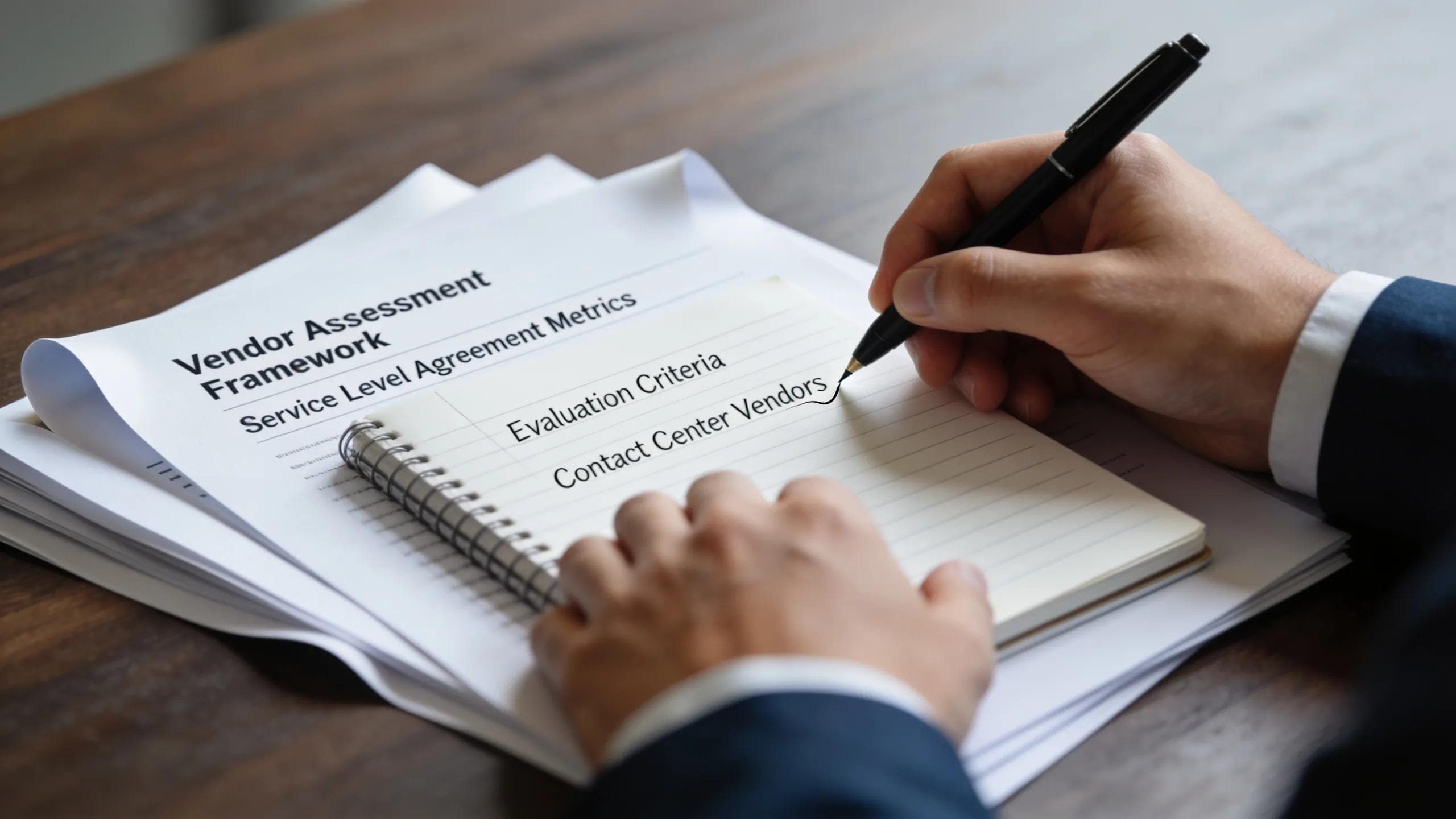 Hands taking notes on vendor evaluation criteria during a professional meeting