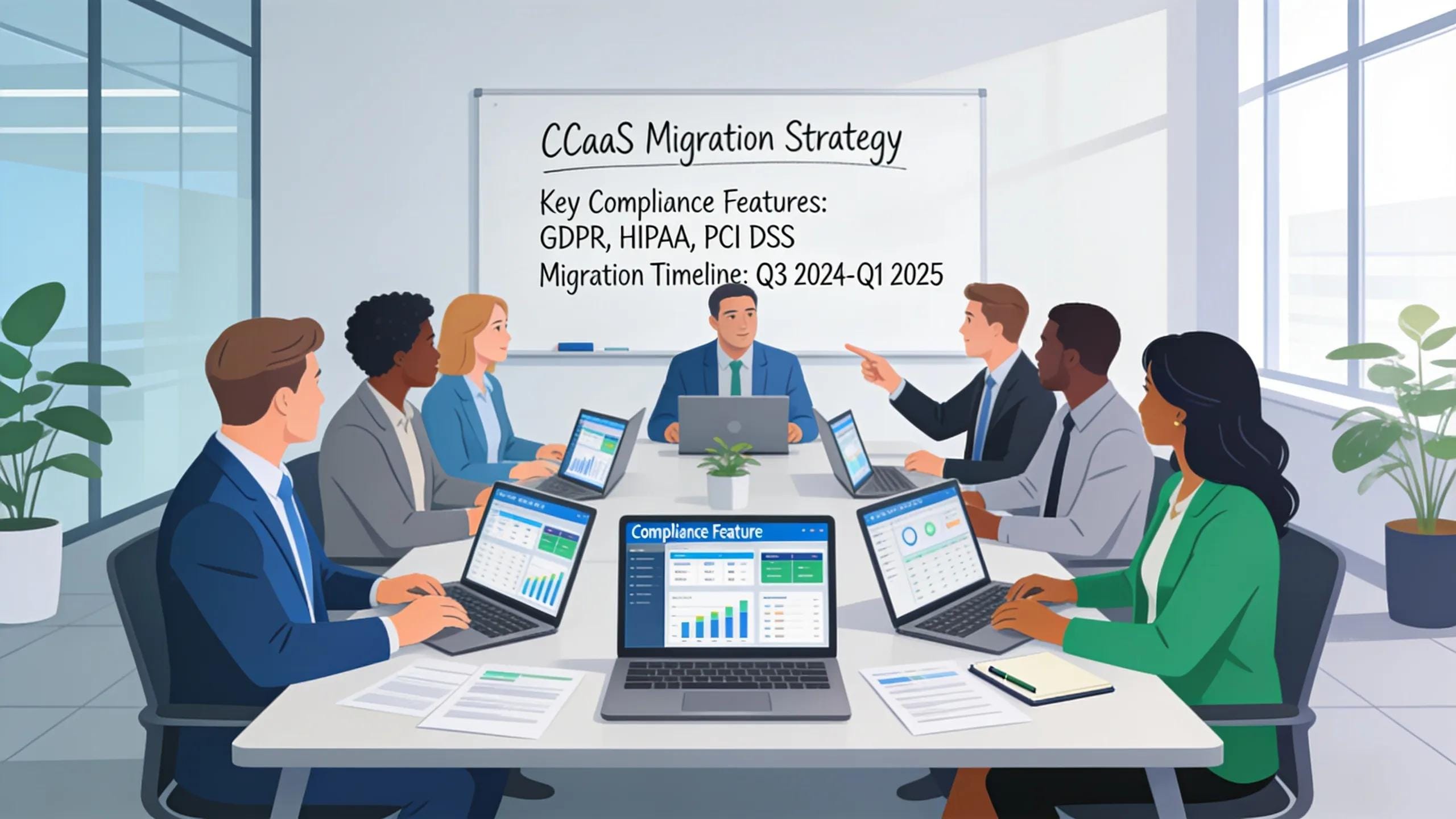 Professionals discussing best practices for CCaaS migration strategies in a financial services context