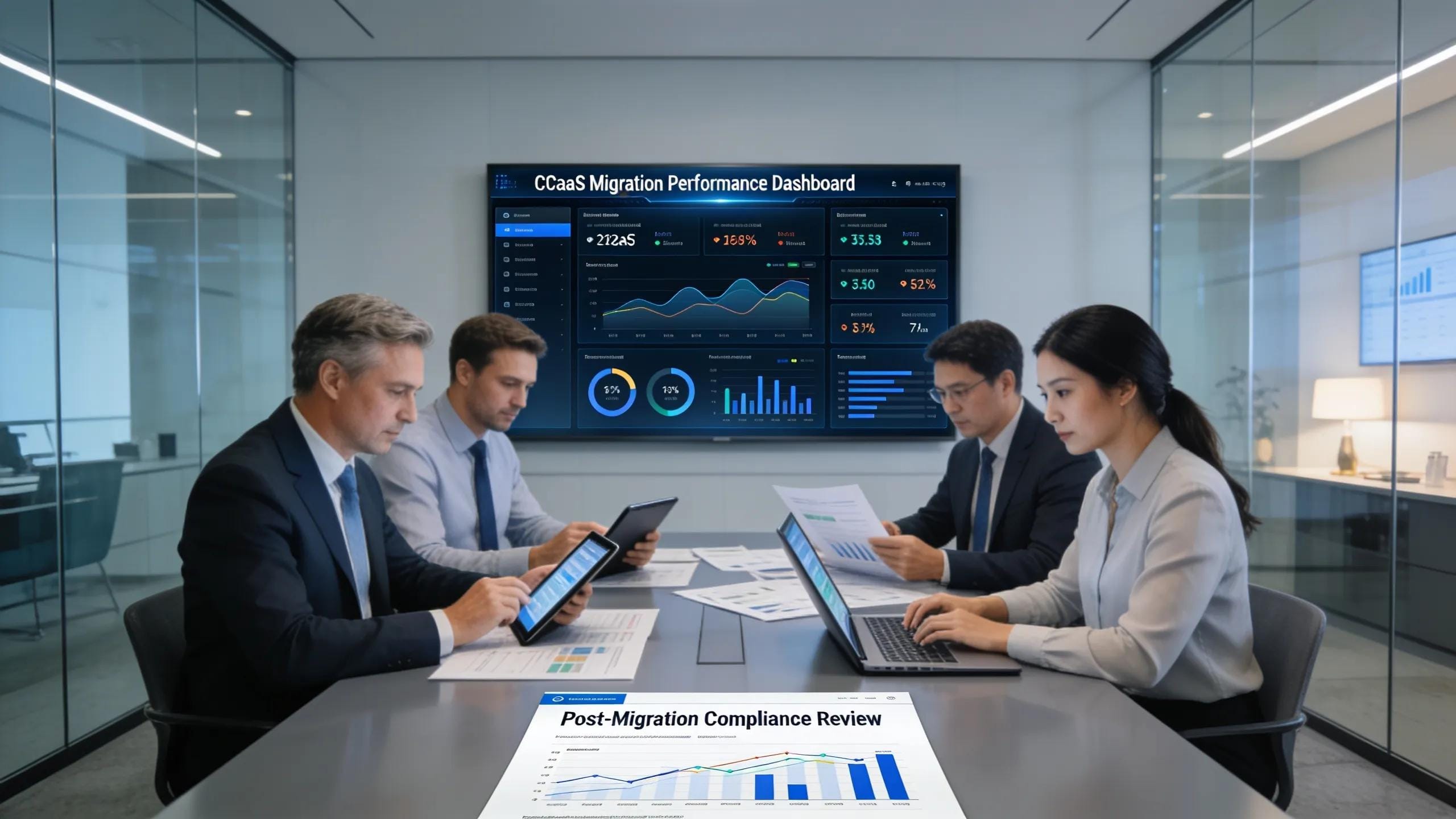 Healthcare executives assessing post-migration performance and compliance