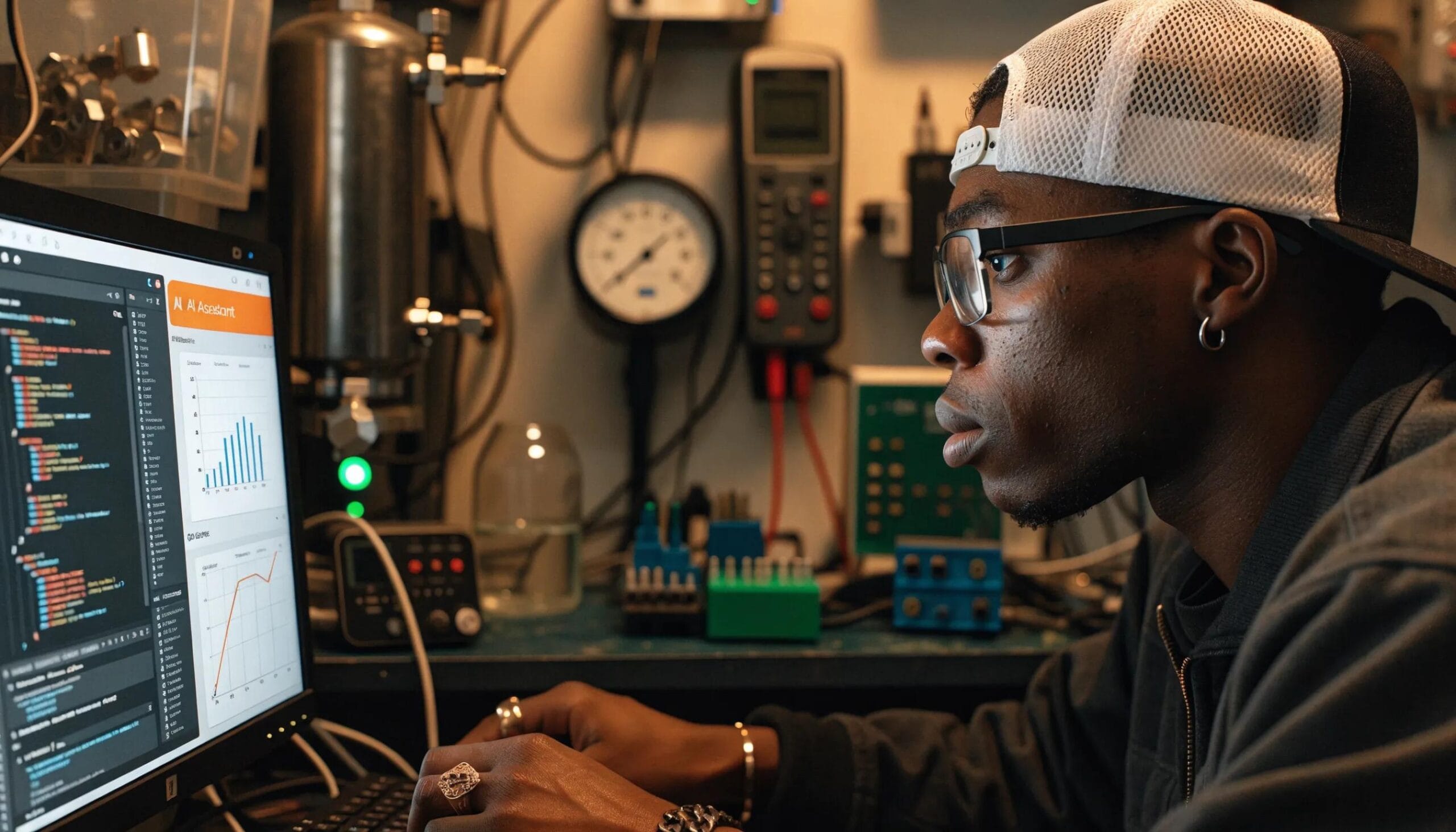 Technician reviewing technology infrastructure for AI integration with advanced software tools