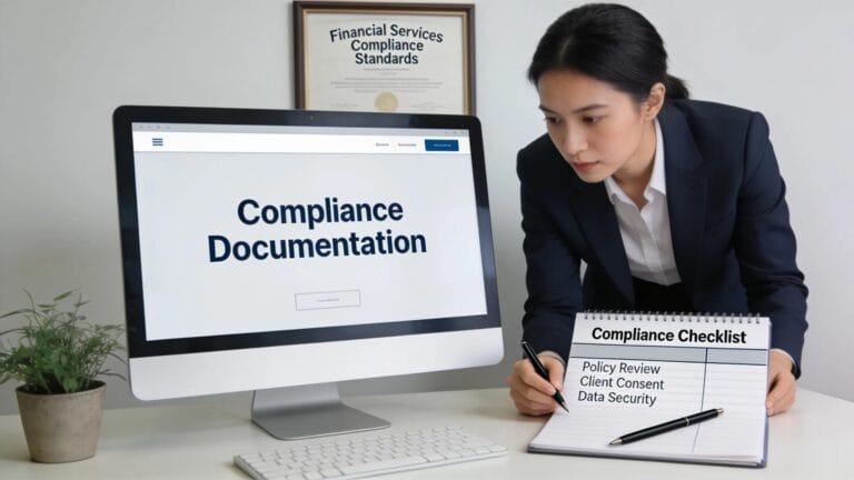 Workspace depicting financial services contact center compliance with documentation and professional focus