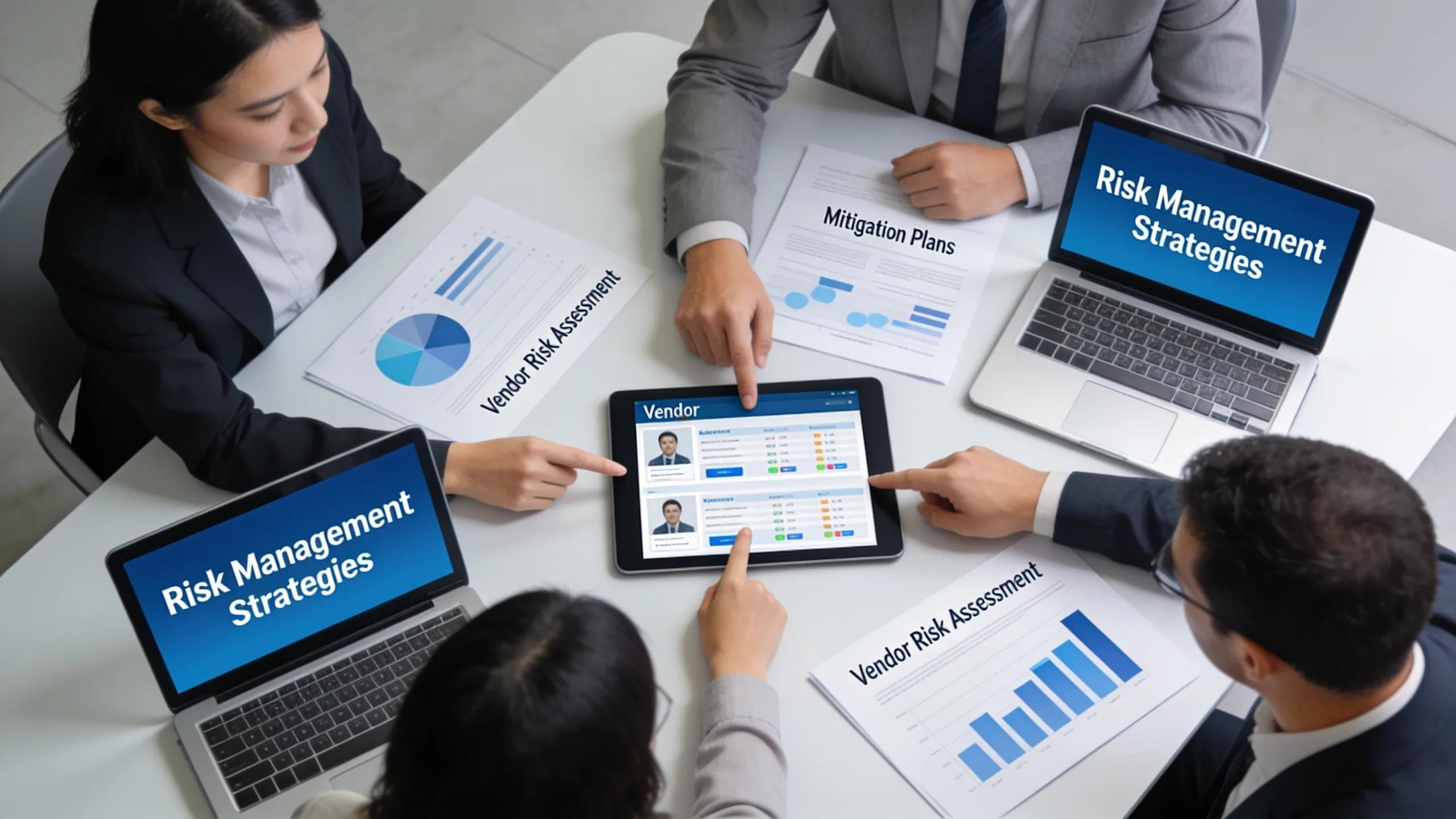 Consulting team evaluating vendor profiles for risk management in the selection process