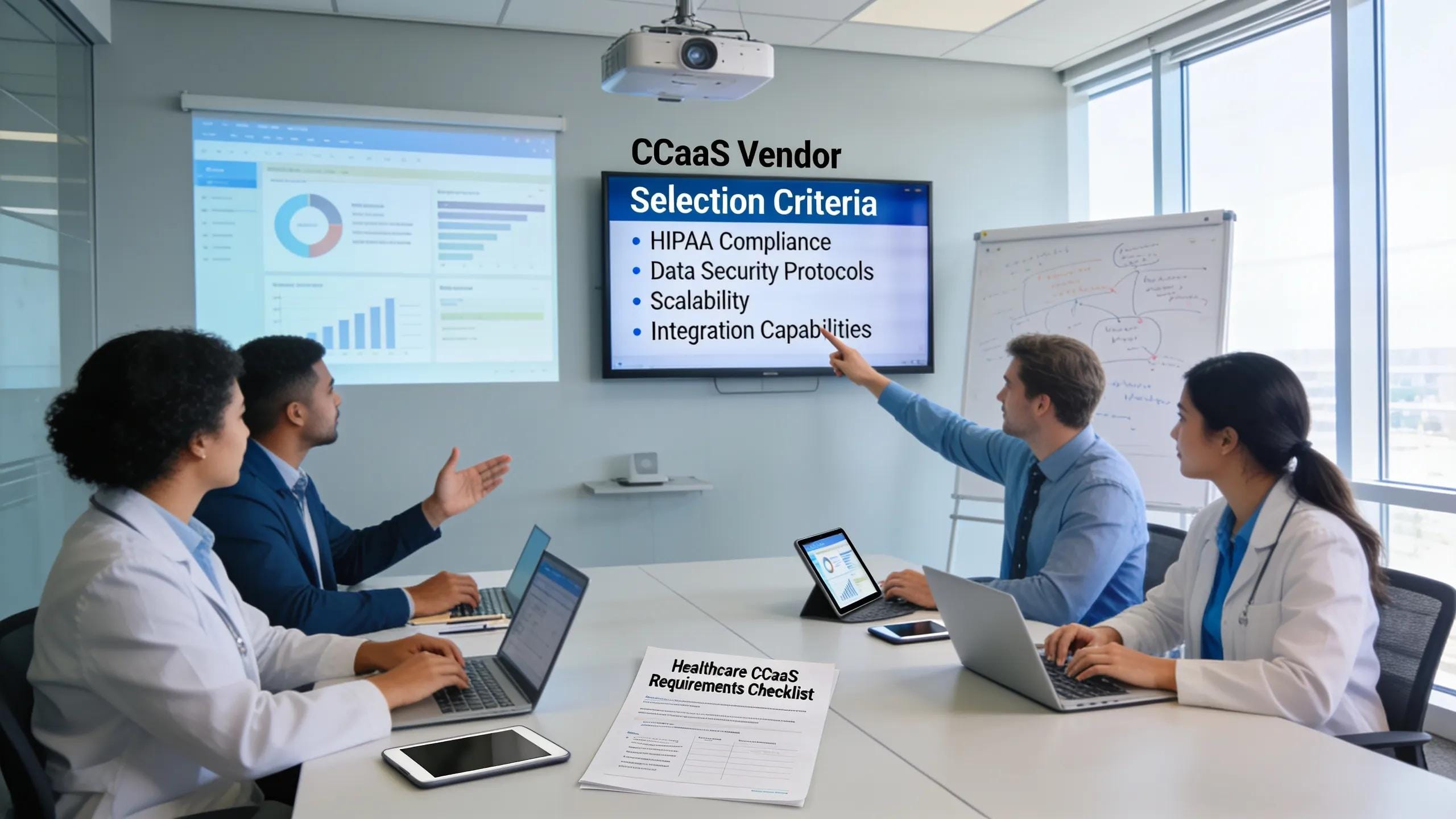 Healthcare professionals evaluating vendor selection criteria for compliance