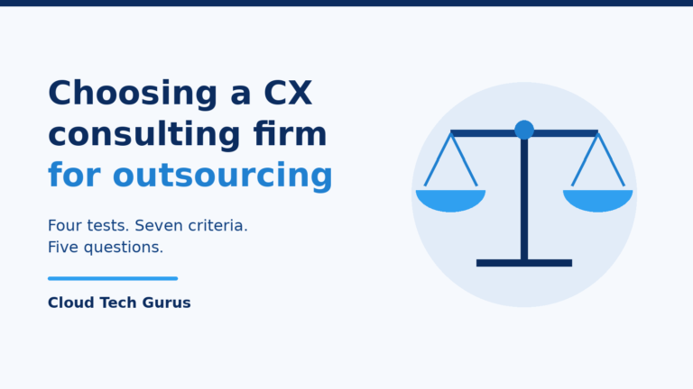 Cover graphic: balance scale beside the title Choosing a CX consulting firm for outsourcing