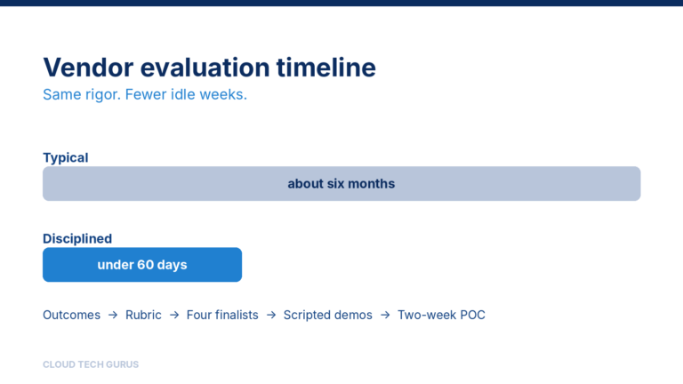 Two horizontal bars comparing a typical six-month contact center vendor evaluation with a disciplined evaluation of under 60 days